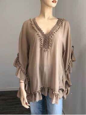 Bali queen Boho V-Neck Ruffle Tunic Top in Taupe